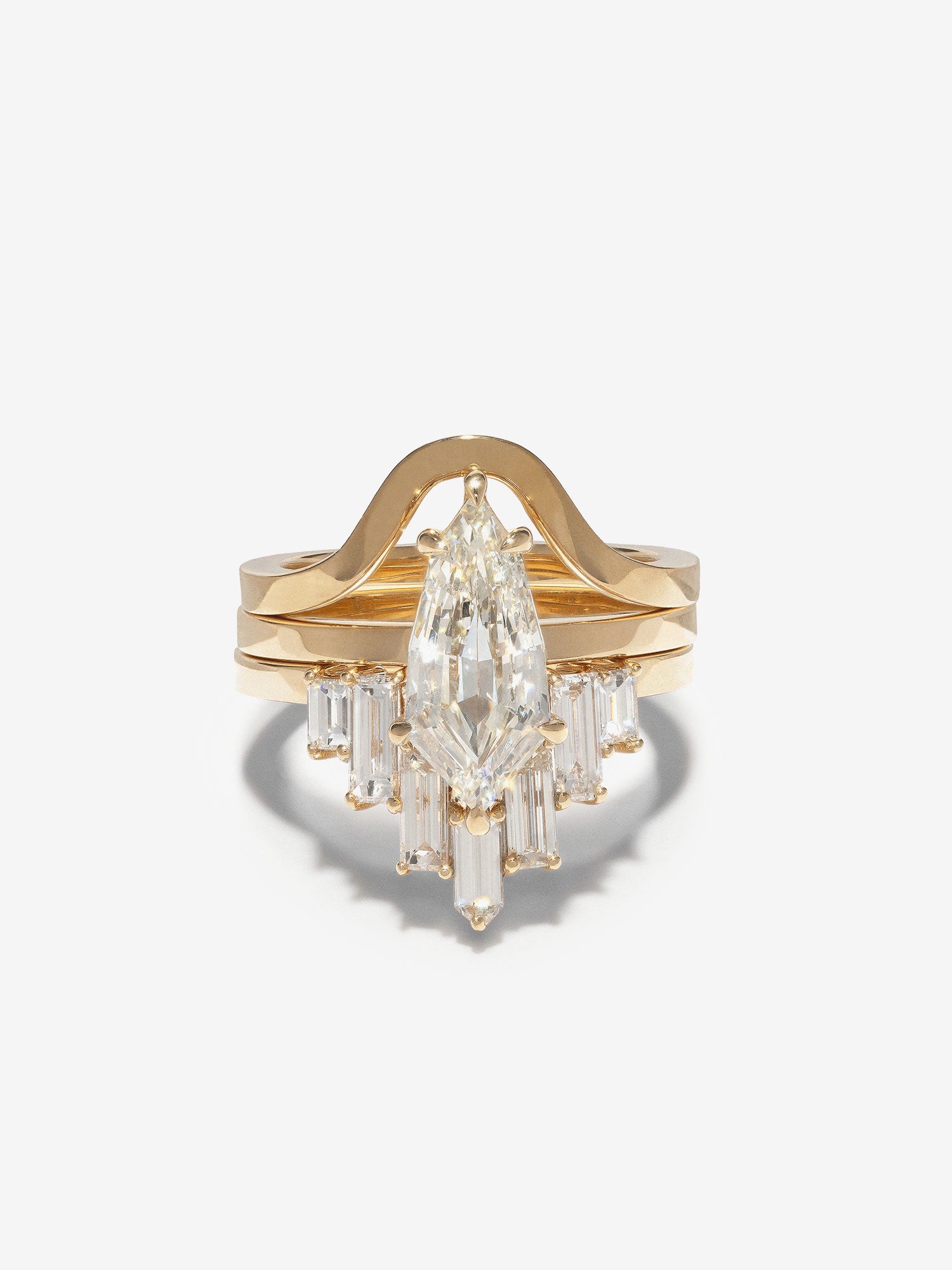 Kite Diamond Engagement Ring with a Custom Baguette Jacket & Art Nouveau Wedding Band