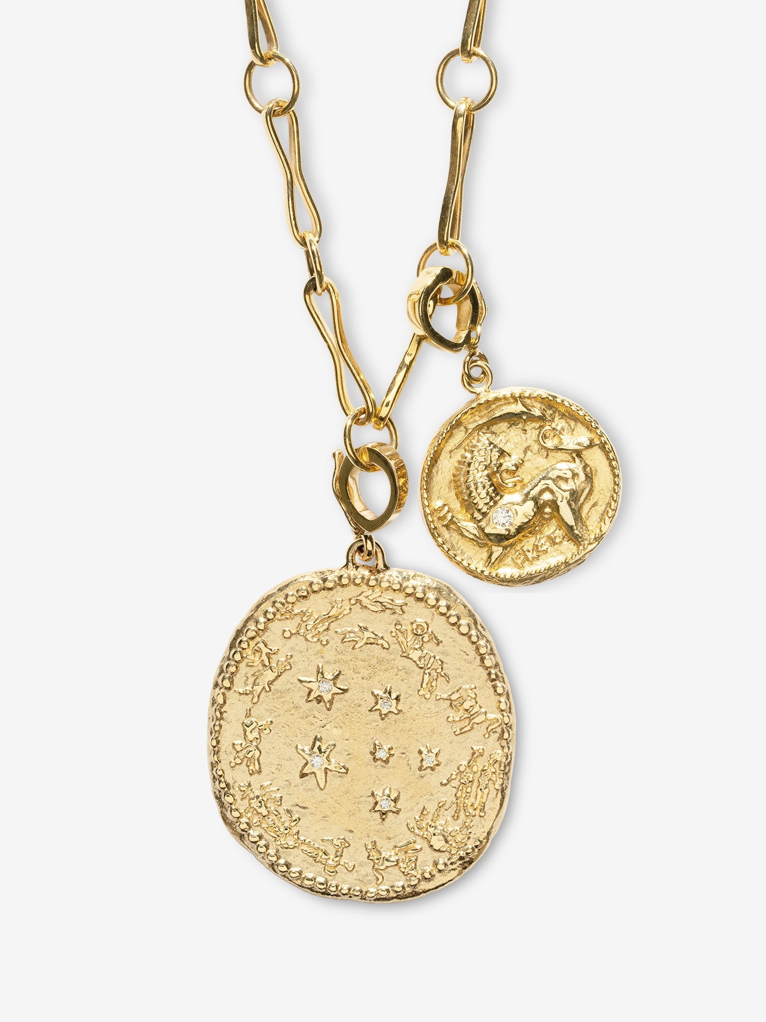 Large Zodiac and Small Lion and Dolphin Modern Charm Necklace 18K Yellow Gold / 20 Adjustable