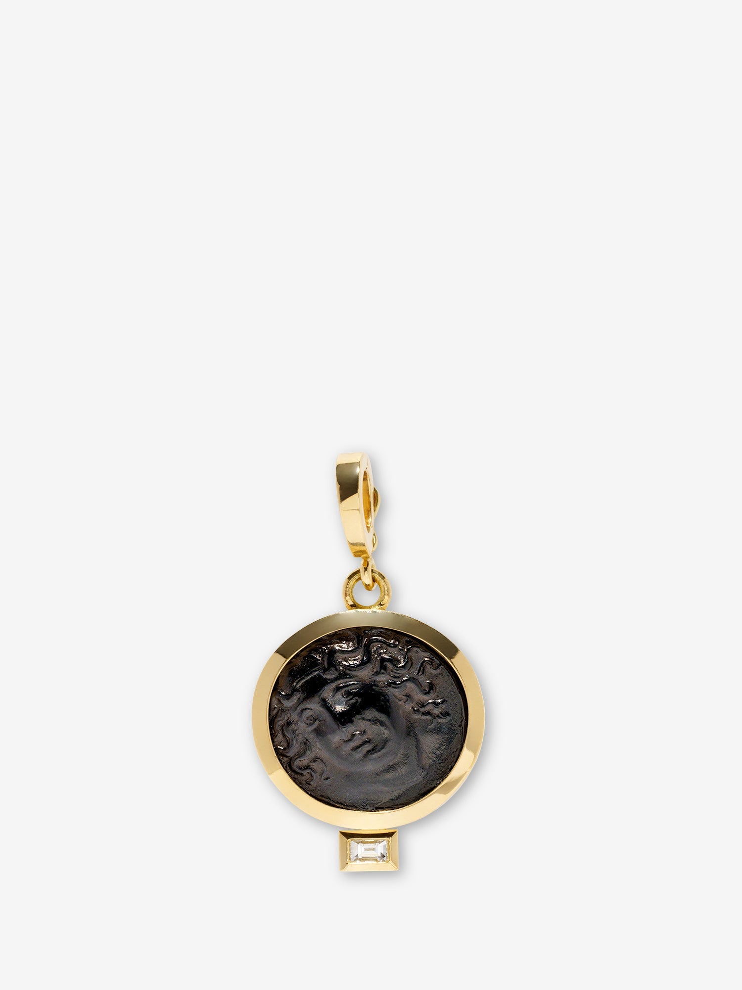 Nymph Venetian Black Glass Coin Charm with Baguette Diamond