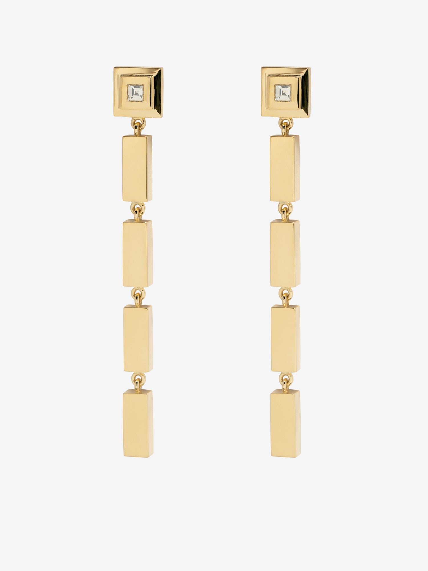 Gold Bar and Carre Diamond Staircase Drop Earrings