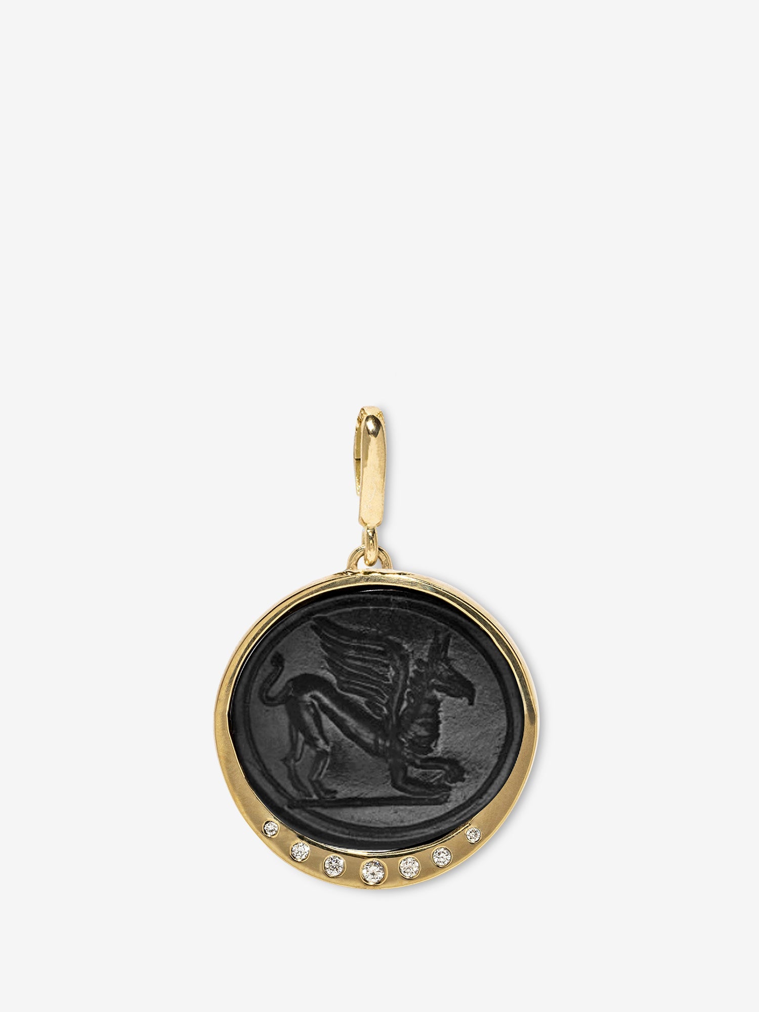 Griffin Venetian Black Glass Coin Charm with Scattered Diamonds