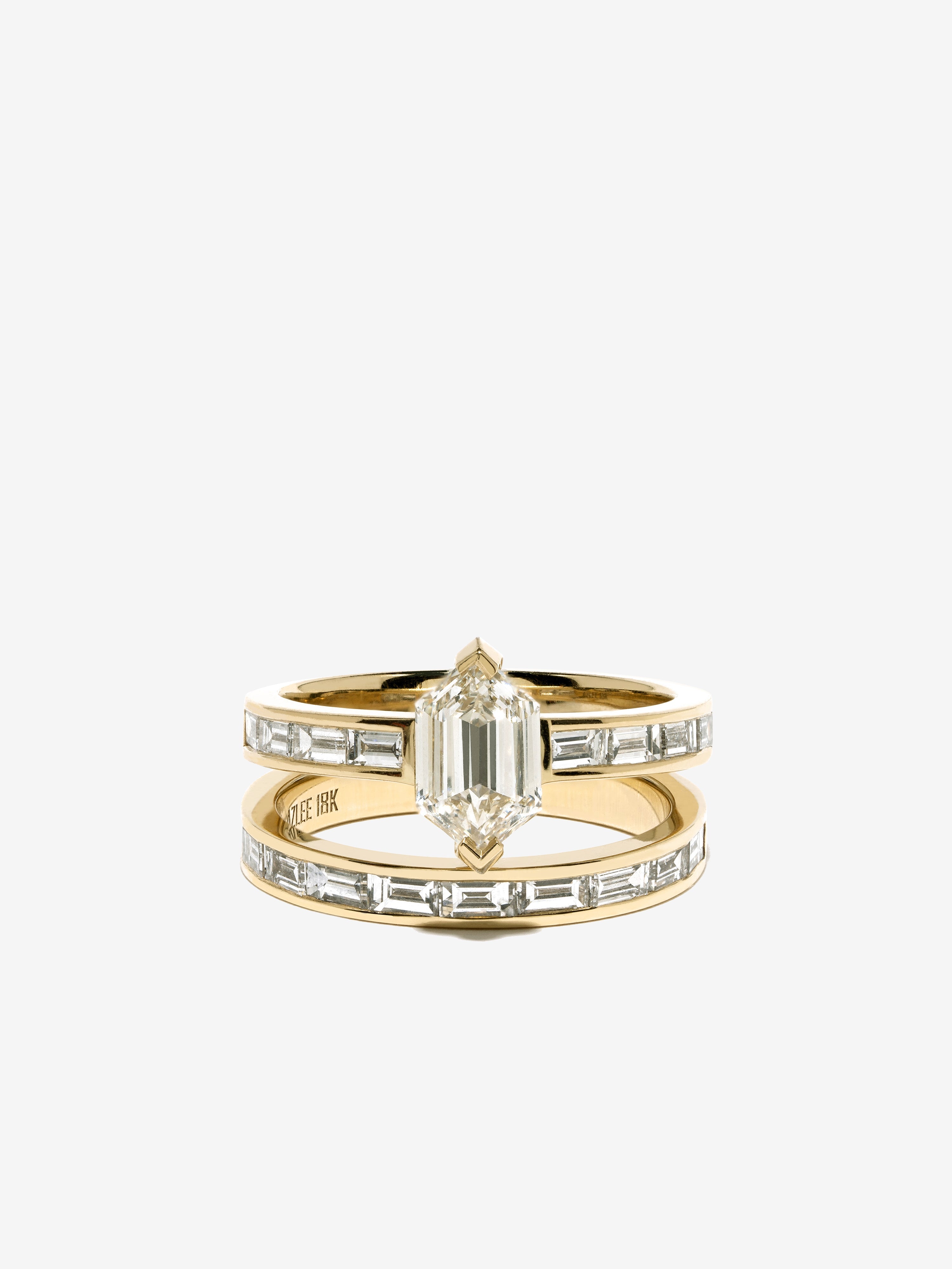 Hexagon Diamond Ring in Prongs with Baguette Setting Paired with Baguette Band